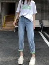 Korean green rolled-up Halon jeans for petite women, spring and autumn thin straight-leg loose nine-inch radish dad pants details Picture